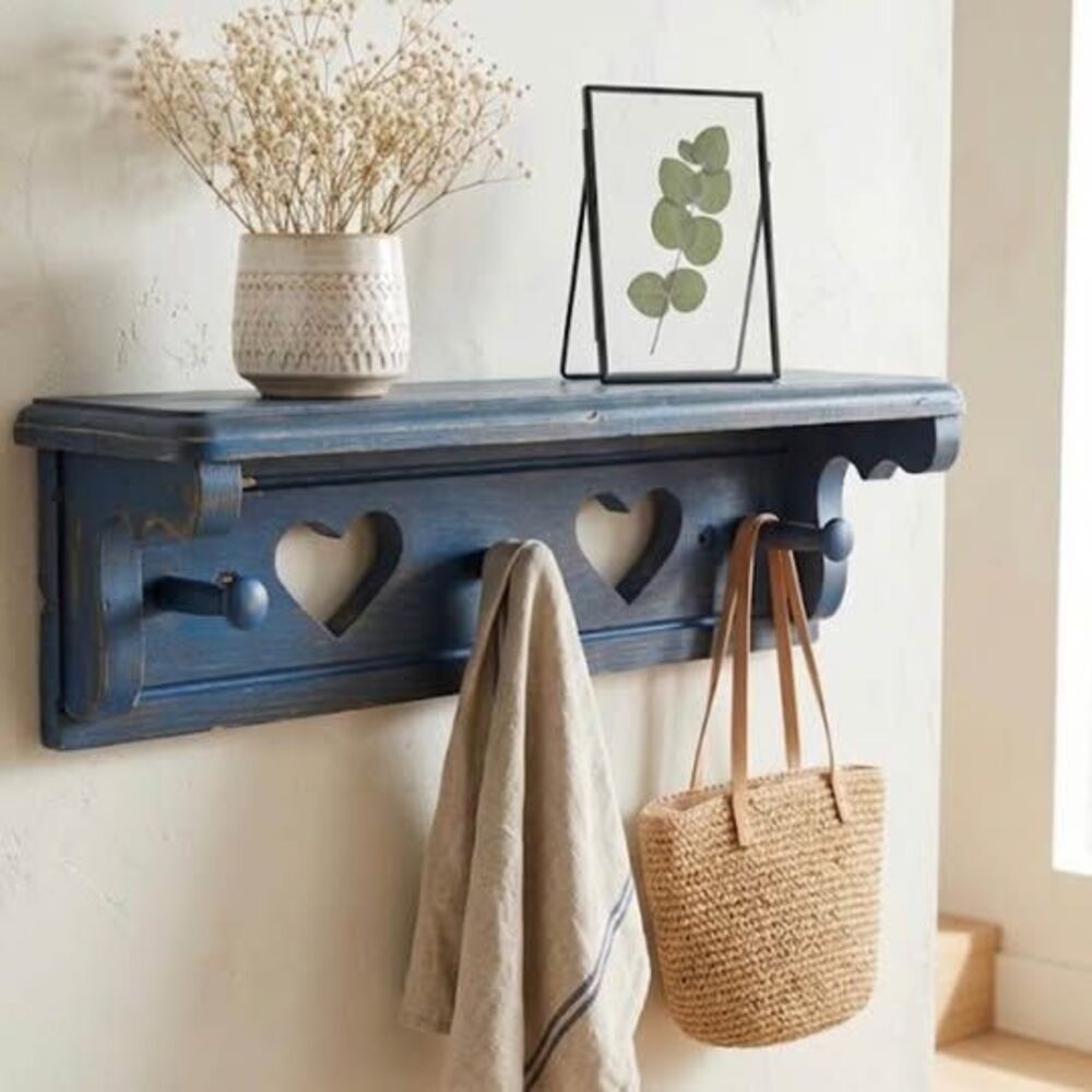 Vintage Wooden Wall Shelf with Heart Cutouts and Pegs - Blue